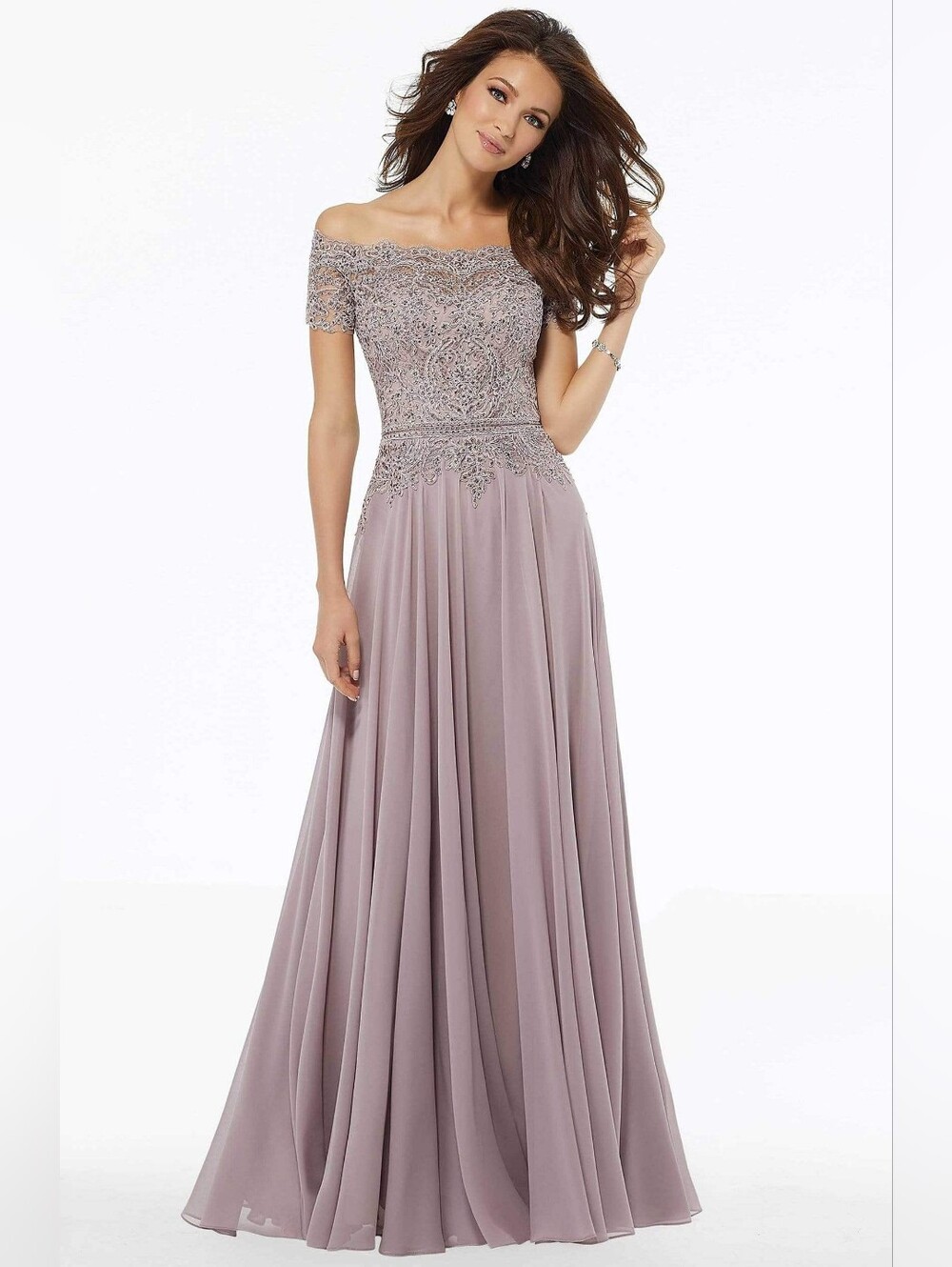 Off-Shoulder MGNY Lace Bodice Evening Gown in Dusty Rose